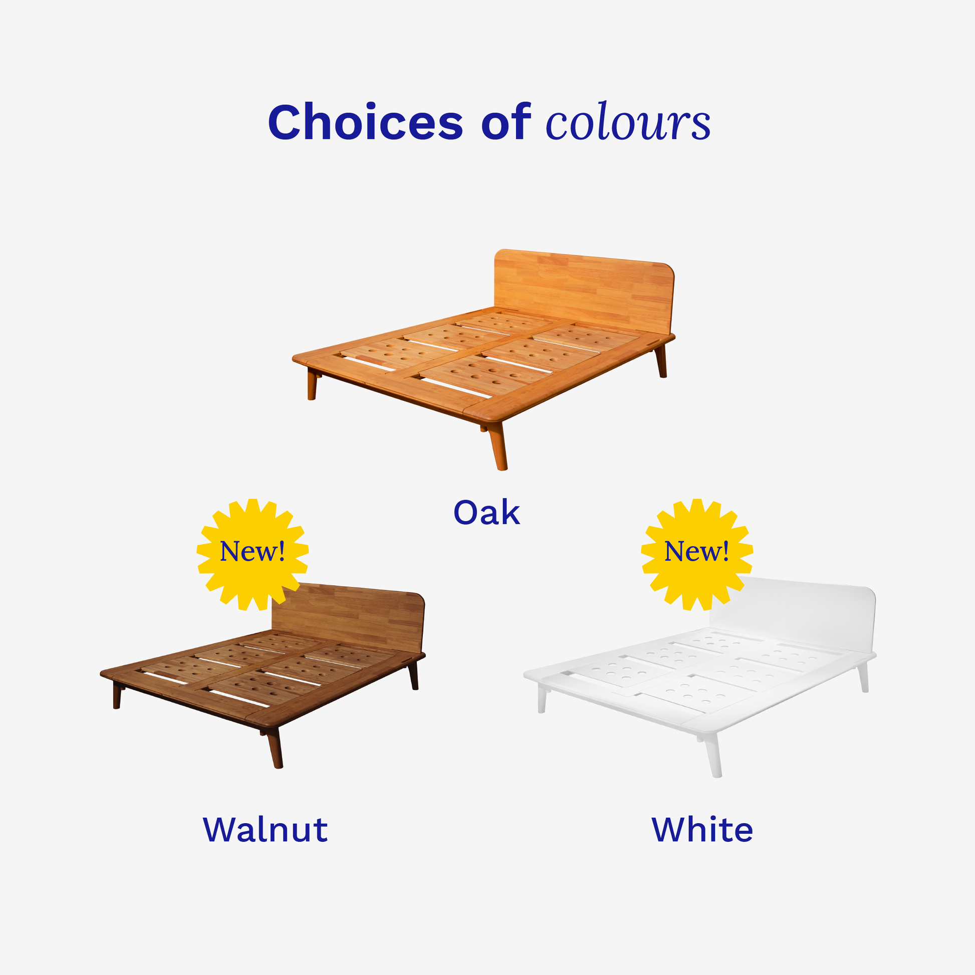 The Sonno Signature Bed Frame, highlighting choice of colours with the product's design, sturdiness, and quality.