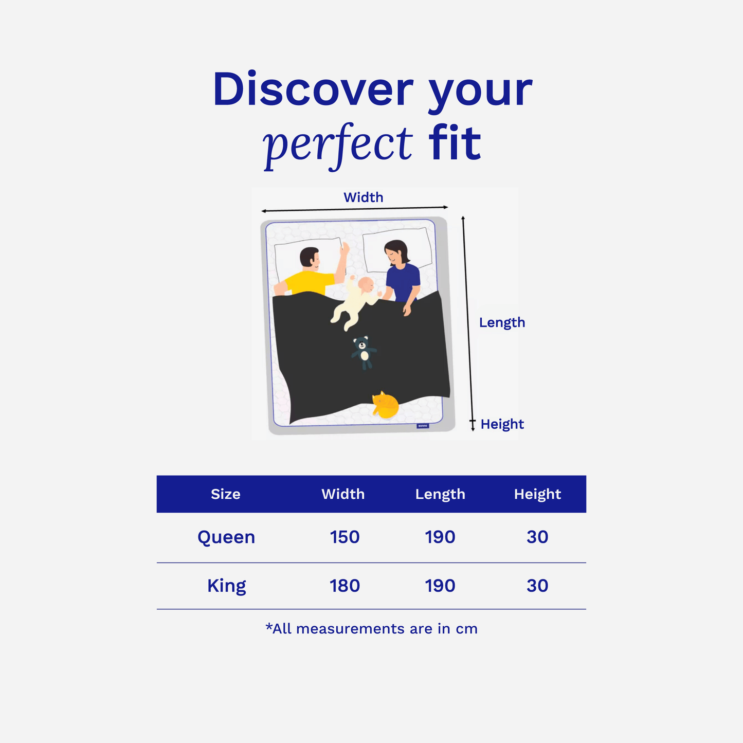 Sonno Luxe Hybrid mattress size chart available in Queen and King sizes with dimensions in cm.