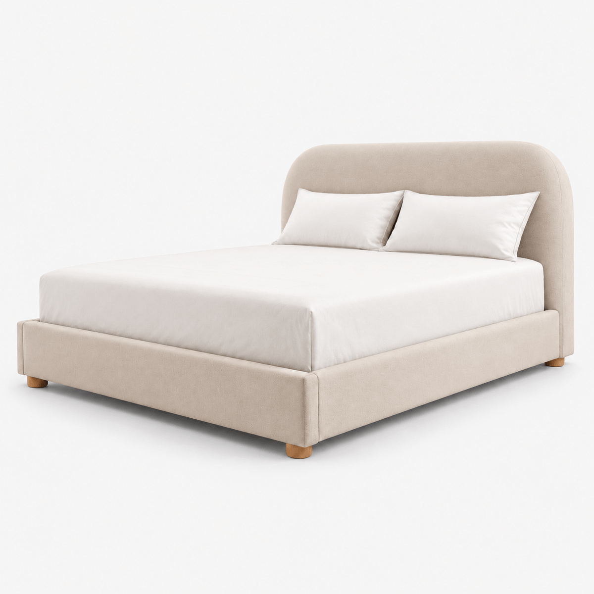 A modern Sonno Divan platform bed with a tall, rounded headboard and upholstered base in a light beige fabric, shown with a white mattress and two white pillows on a clean white background.