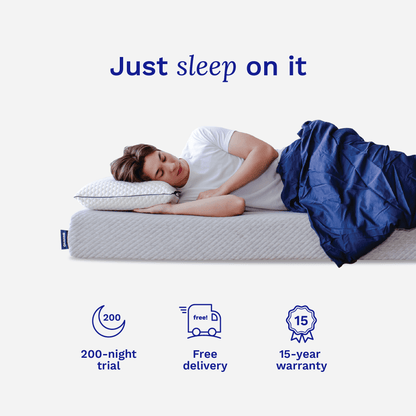 Person lying on a mattress with promotional text about a 200-night trial, free delivery, and 15-year warranty.