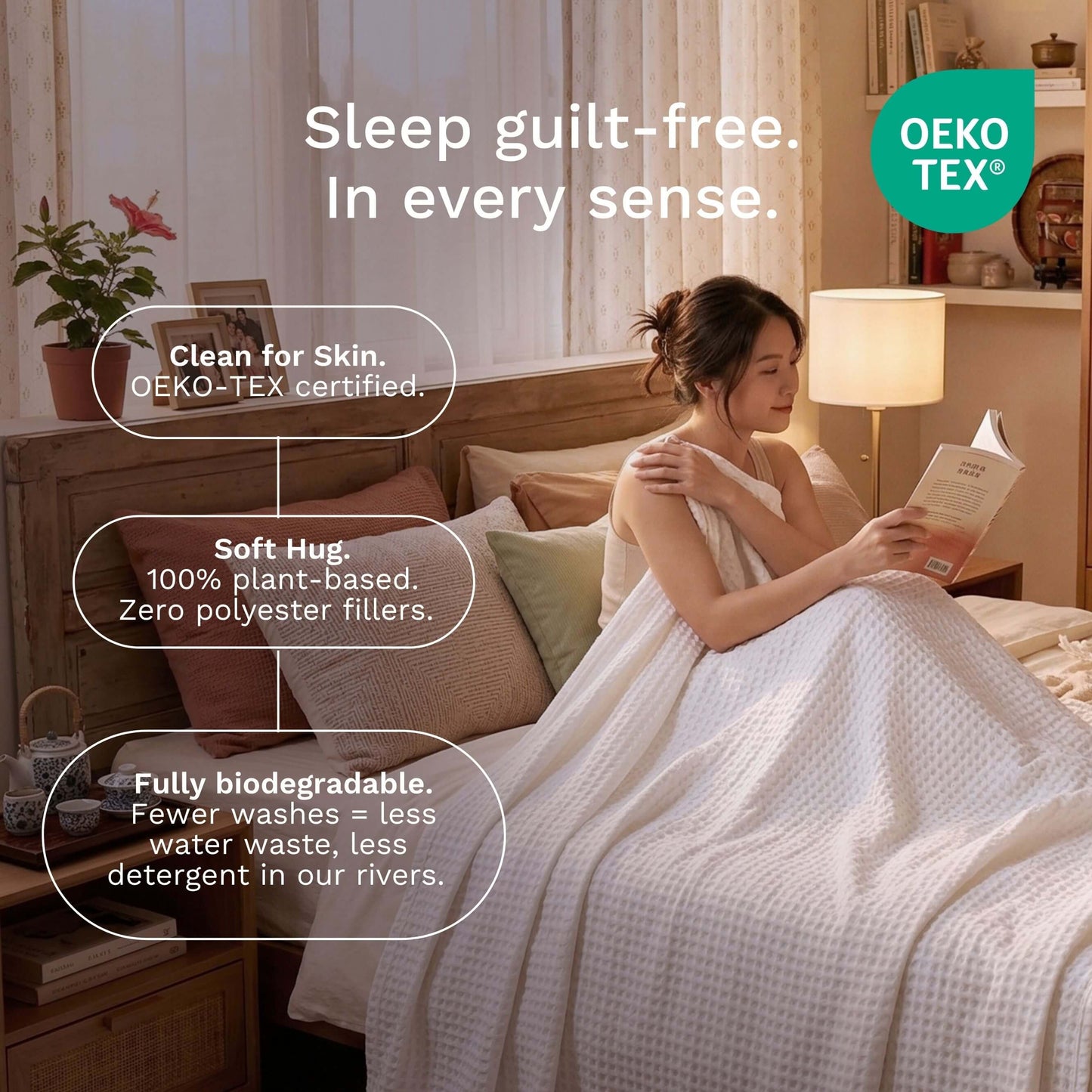 Woman reading a book in bed with text highlighting Sonno waffle blanket product features and OEKO-TEX certification.