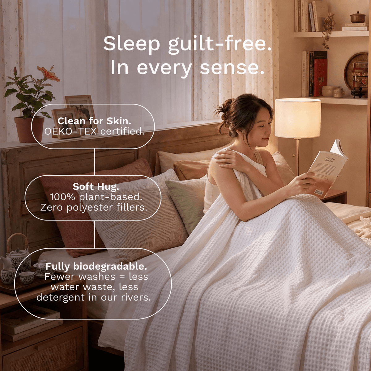A woman sits on a bed in a warmly lit bedroom, wrapped in a white textured Sonno Waffle blanket and reading a book. Overlaid text highlights product benefits: clean OEKO-TEX certification, soft hug, 100% plant-based with no polyester fillers, and fully biodegradable.