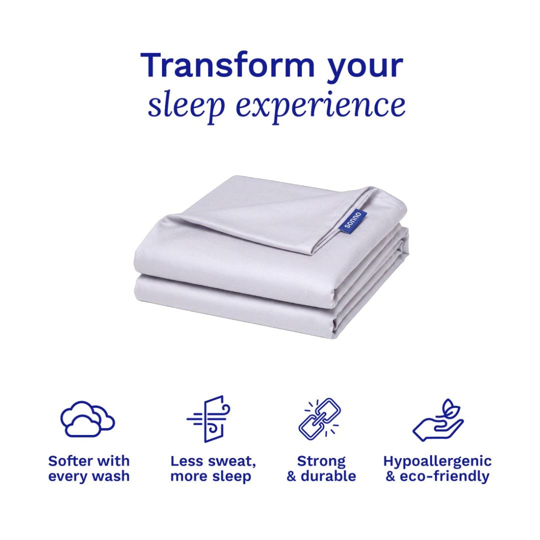 Folded foldable mattress, Tencel bed sheets with text and icons on a white background