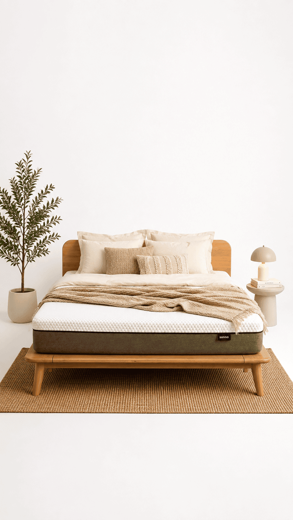 A modern Sonno Signature Bed Frame, styled with beige and white bedding, a textured throw blanket, and a Sonno Original mattress. The bed is positioned on a woven jute rug against a clean white wall, with a small side table and lamp on the right, and a potted plant on the left