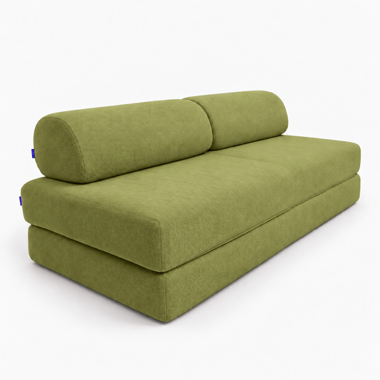 A modern modular Sonno sofa bed in olive green fabric, featuring a low-profile rectangular base, two thick seat cushions, and two matching back cushions, shown on a light gray background.