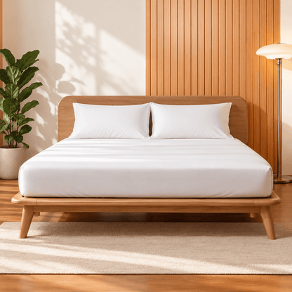 A minimalist Sonno Signature wooden platform bed king size dressed in crisp white bedding and two white pillows, set against a warm wood-paneled wall with a floor lamp and potted plant in a softly lit room.
