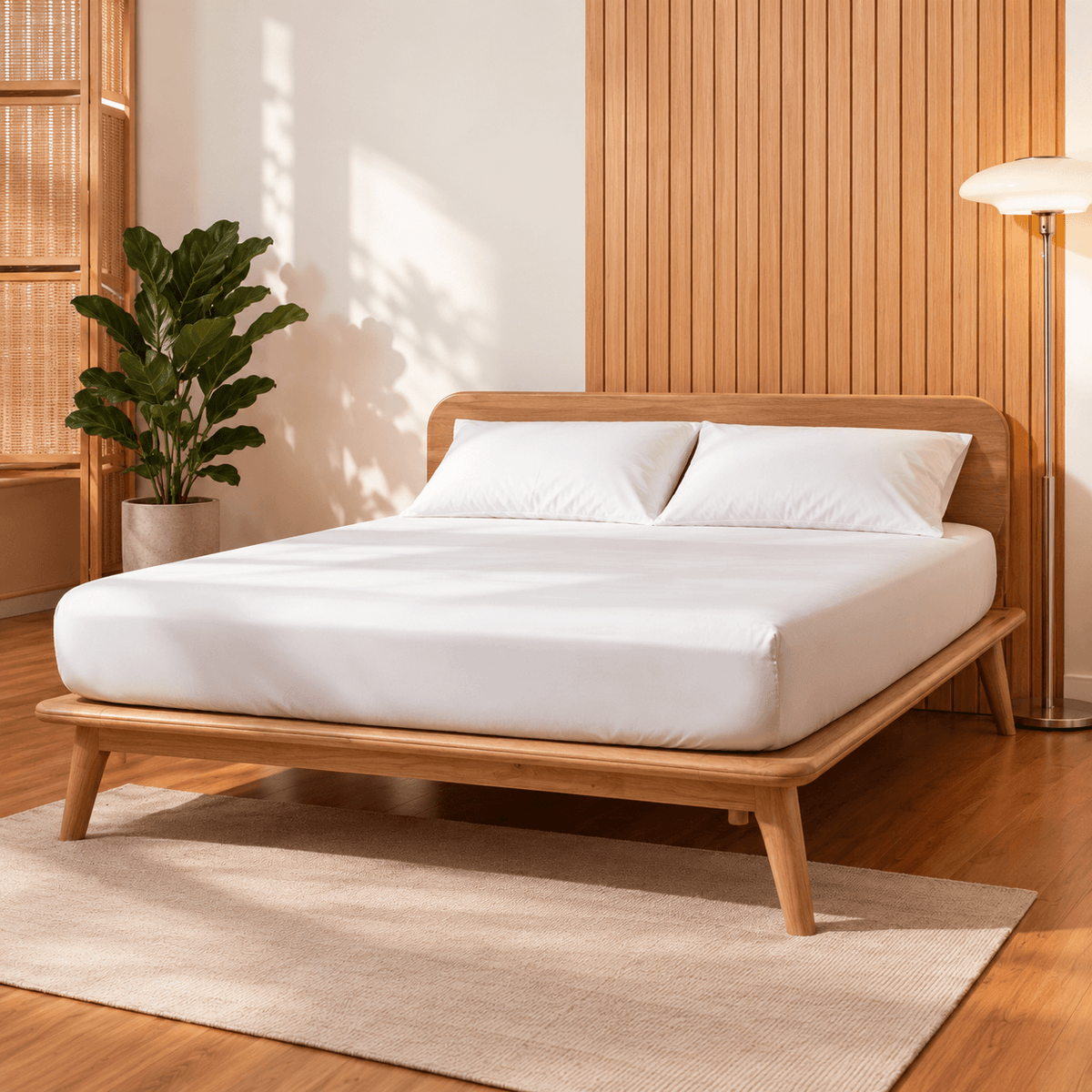 A modern Sonno Signature wooden bed frame with a low platform style, styled in a minimalist bedroom with white bedding, two pillows, a potted plant, a floor lamp, and a light-colored rug.