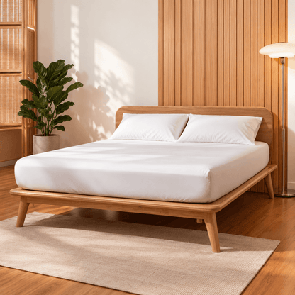 A modern Sonno Signature wooden bed frame with a low platform style, styled in a minimalist bedroom with white bedding, two pillows, a potted plant, a floor lamp, and a light-colored rug.