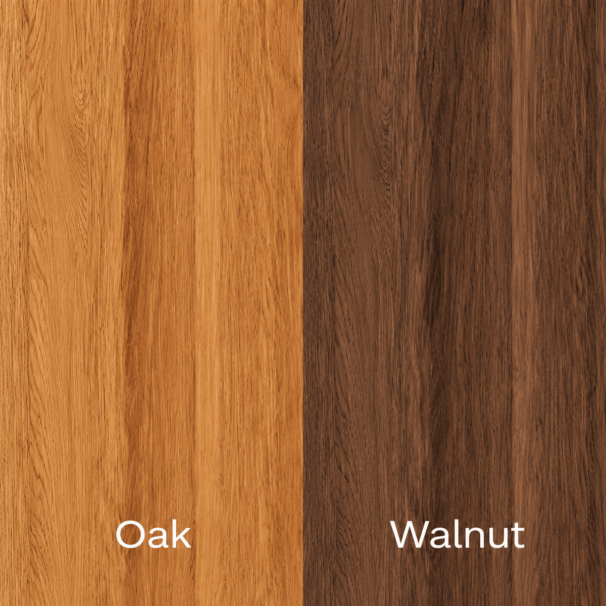 A side-by-side Sonno Signature bed frame wood finish comparison showing two vertical grain textures labeled 'Oak' on the left in a warm honey tone and 'Walnut' on the right in a dark brown tone.