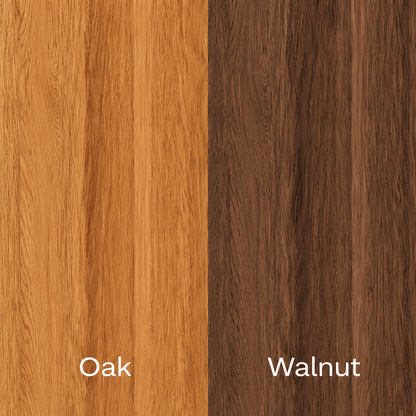 A side-by-side Sonno Signature bed frame wood finish comparison showing two vertical grain textures labeled 'Oak' on the left in a warm honey tone and 'Walnut' on the right in a dark brown tone.