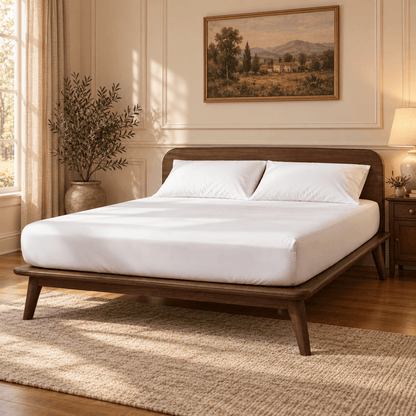 A modern low Sonno Signature wooden bed frame with a white mattress and two white pillows, styled in a warm, sunlit bedroom with a woven rug, potted plant, and wall art.