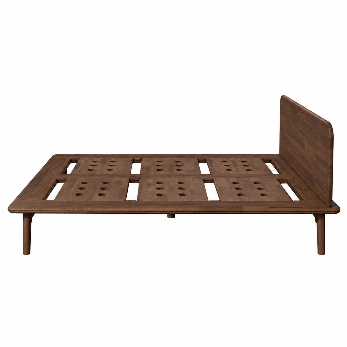 A walnut dark brown wooden Sonno Signature bed frame with a slatted platform base and a matching tall headboard, shown from a three-quarter angle on a plain white background.