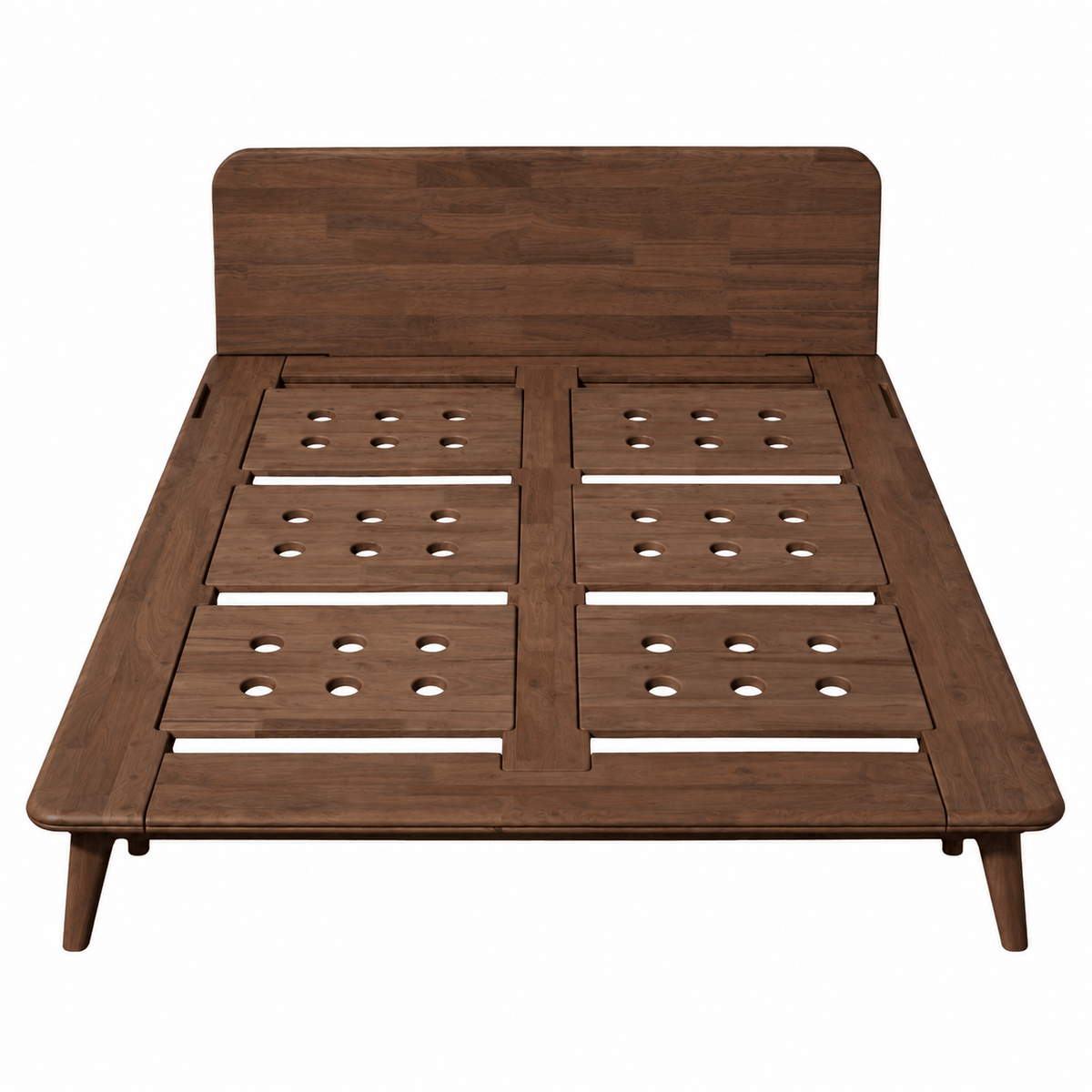 A Sonno Signature modern wooden bed frame with a dark brown finish, featuring a slatted headboard and footboard with circular cutouts, shown from a top-down perspective on a white background.