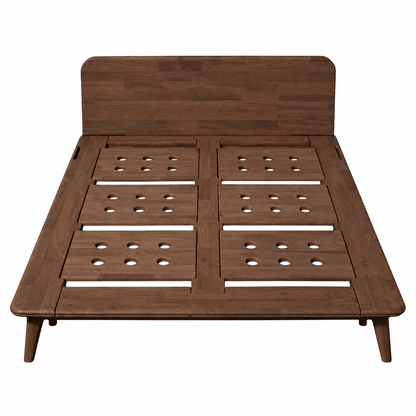 A Sonno Signature modern wooden bed frame with a dark brown finish, featuring a slatted headboard and footboard with circular cutouts, shown from a top-down perspective on a white background.