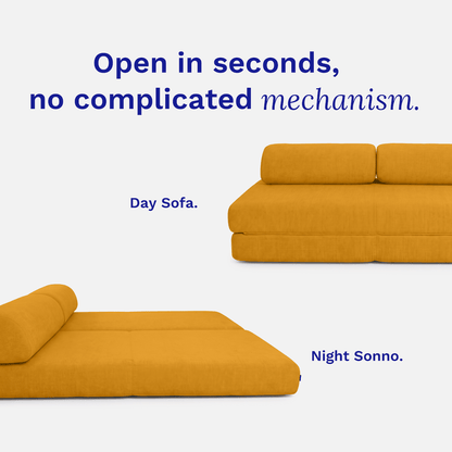 A mustard yellow modular sofa shown in two states: assembled as a day sofa on the top right and unfolded as a night sonno floor bed on the bottom left, with blue text explaining the mechanism.