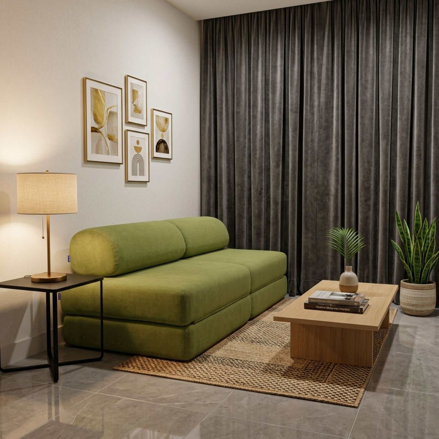 A modern living room featuring a low-profile olive green velvet sofa, a light wood coffee table, a black side table with a lamp, and dark gray curtains in the background.