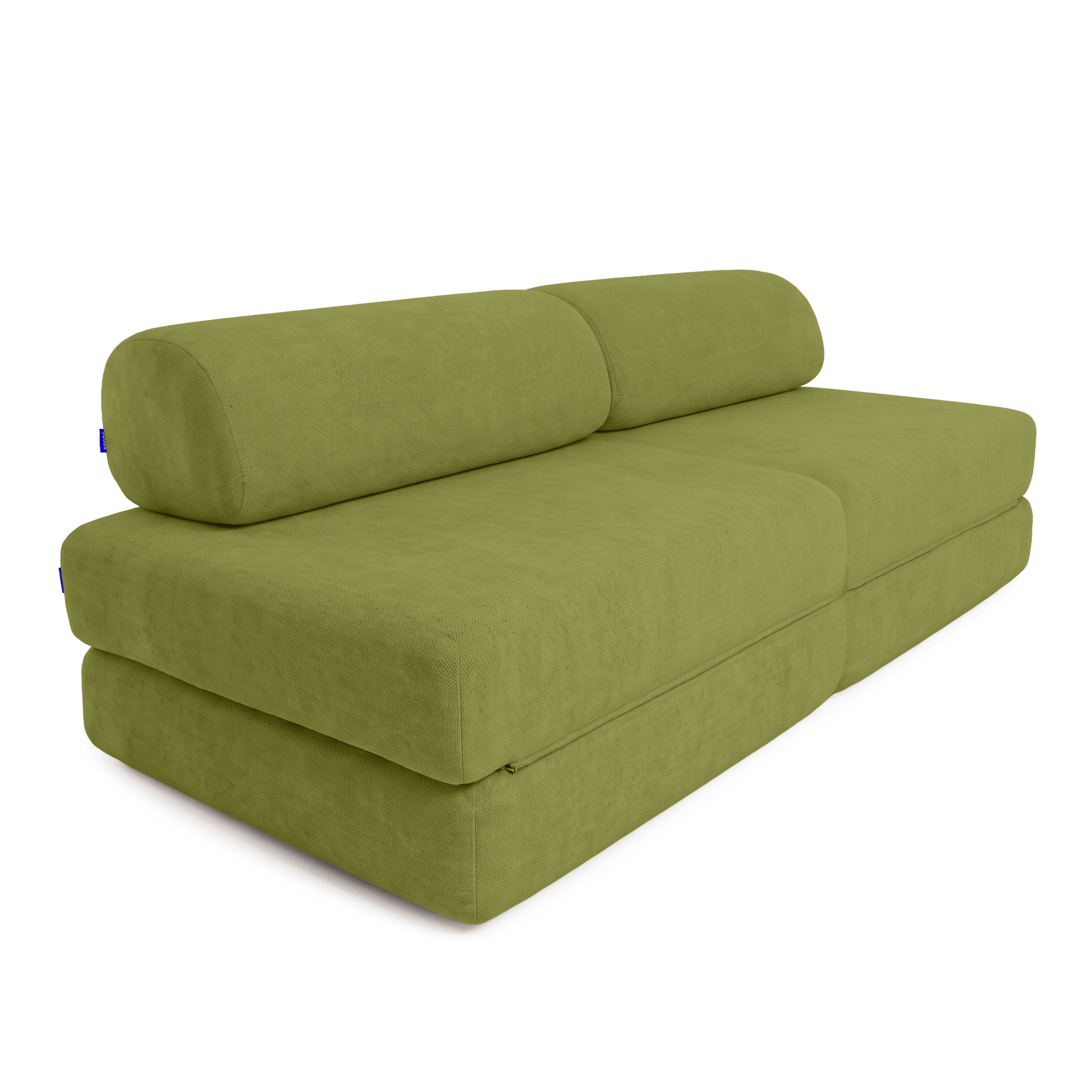 An olive green fabric Sonno sofa bed with a cylindrical bolster pillow, shown from a three-quarters angle on a white background.