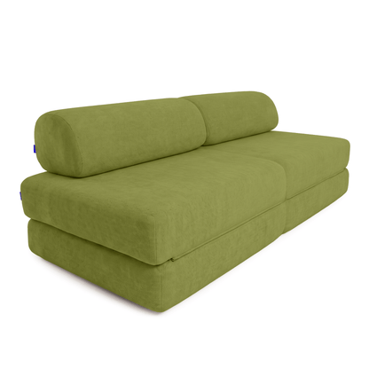 An Sonno olive green fabric sofa bed with a cylindrical bolster pillow, shown from a three-quarters angle on a white background.