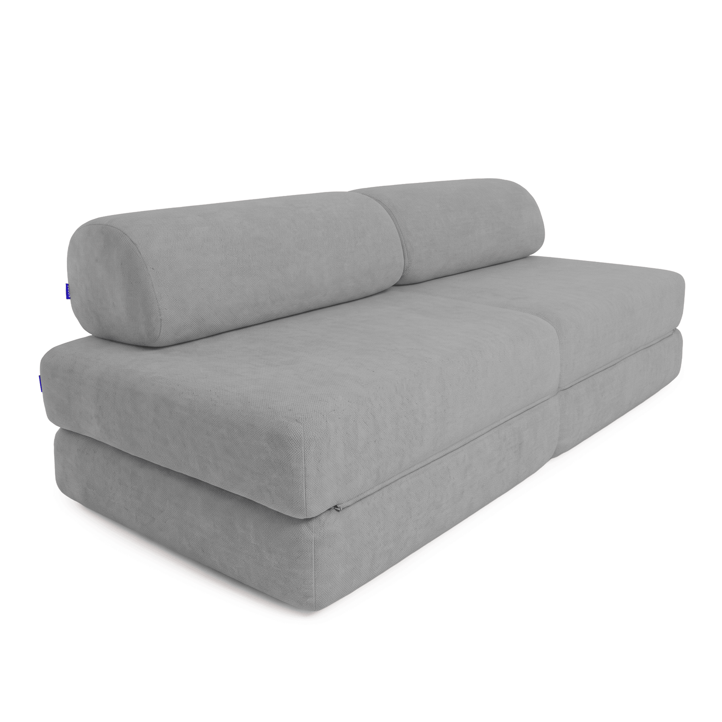 A modern grey fabric Sonno sofa bed with a low-profile rectangular base, thick seat cushions, and two matching cylindrical back cushions, shown on a plain white background.