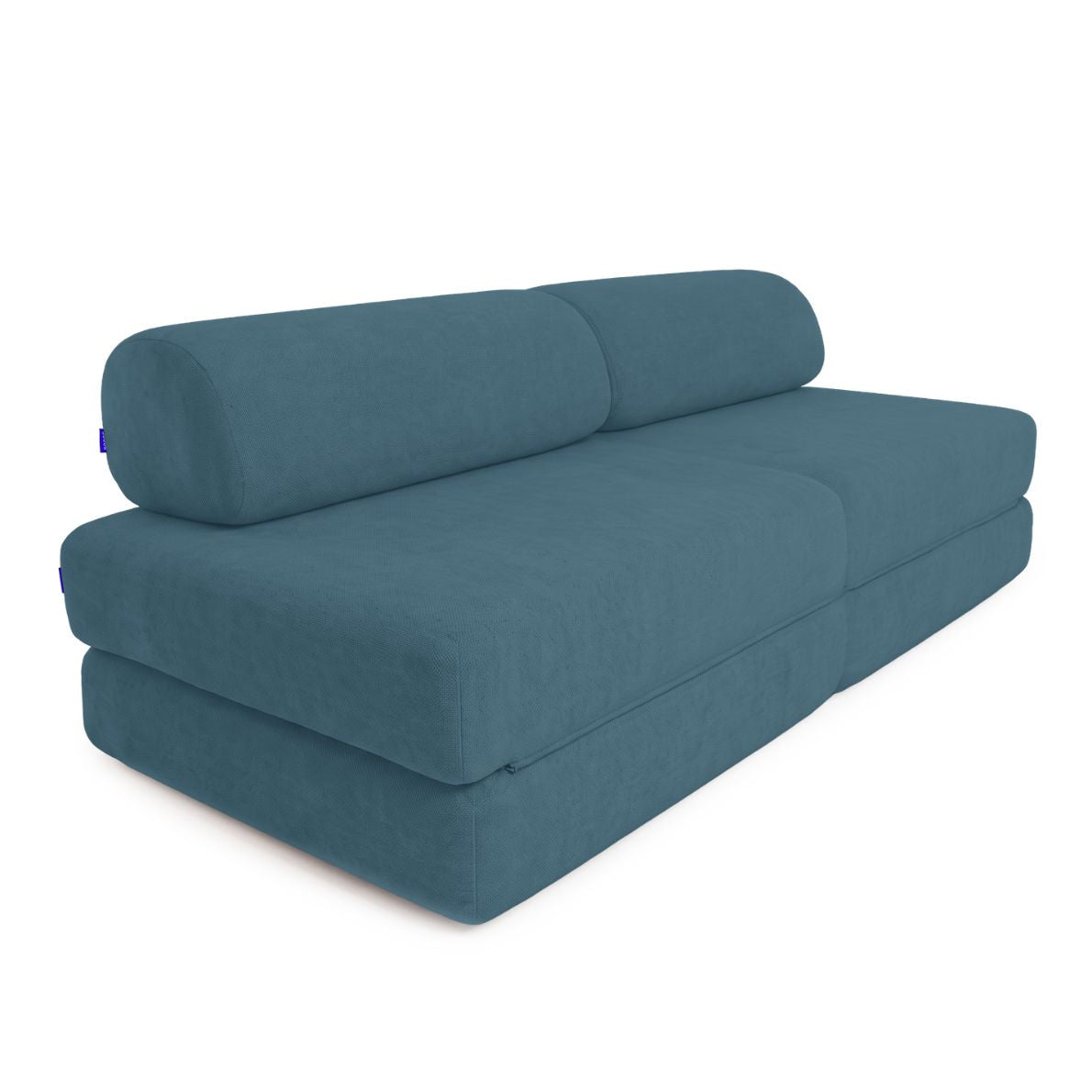 A modern two-seater Sonno sofa bed in a textured slate blue fabric, shown from a three-quarters perspective against a plain white background.