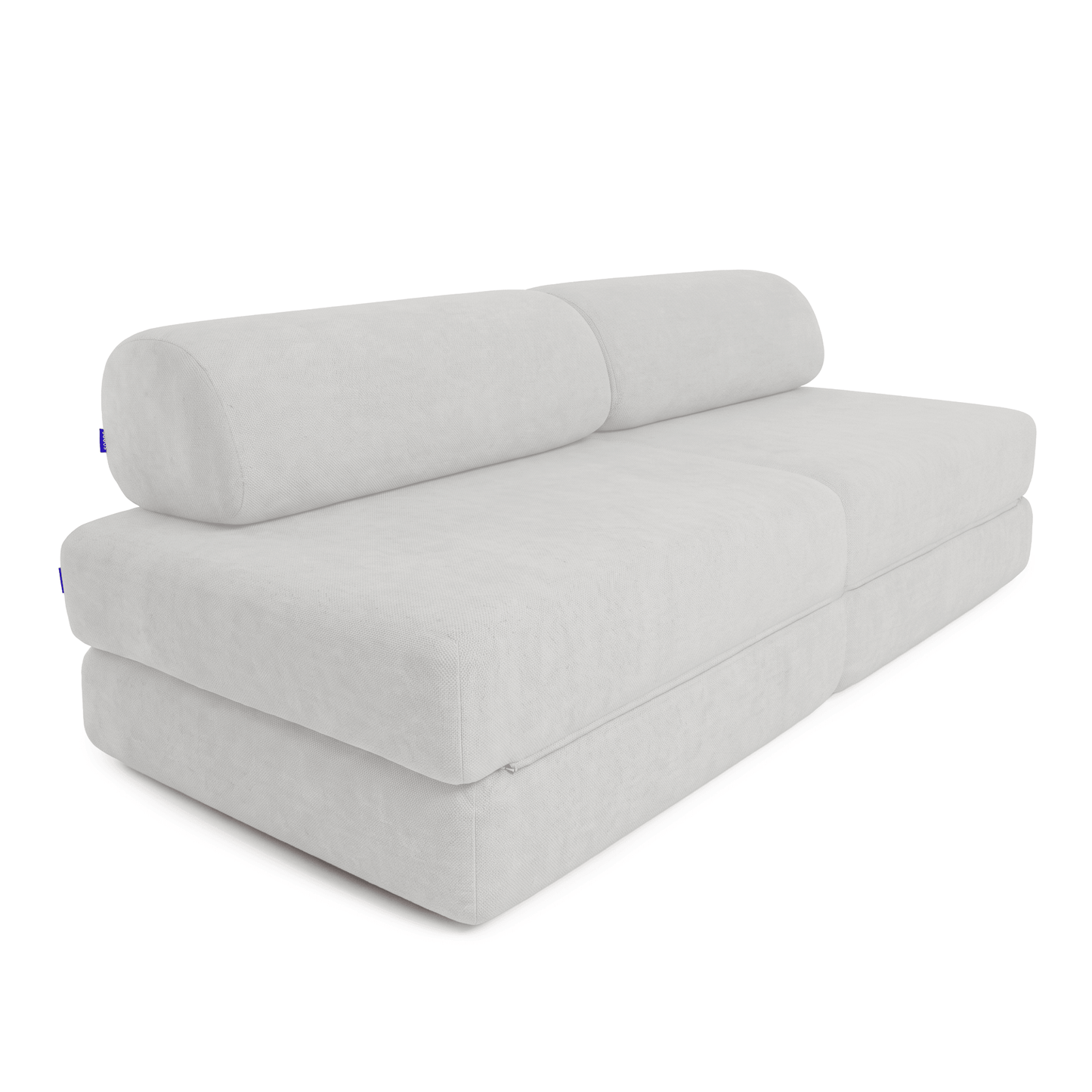A light gray modular upholstered sofa with a low-profile rectangular base, two thick back cushions, and a clean studio presentation on a white background.