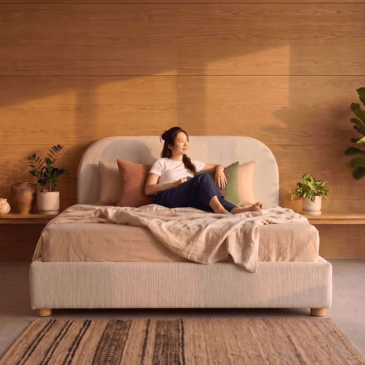 Woman sitting on a Sunset Bed Frame in a cosy bedroom with wooden walls and plants.