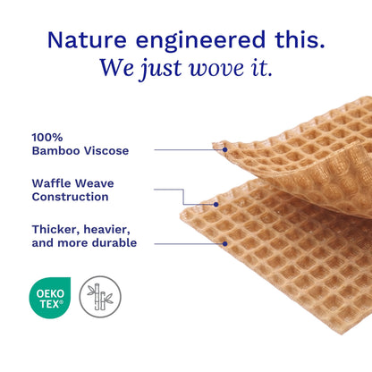 Bamboo viscose fabric with waffle weave construction and OEKO-TEX certification on a white background.