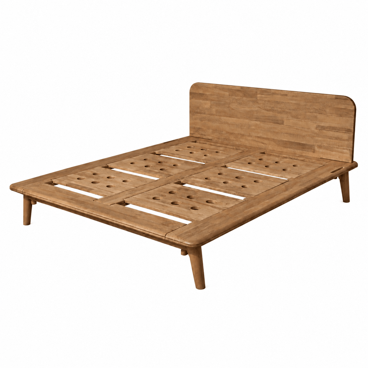 A light brown oak stain Sonno Signature wooden bed frame with a slatted platform base, matching headboard, and tapered legs, shown on a solid white background.