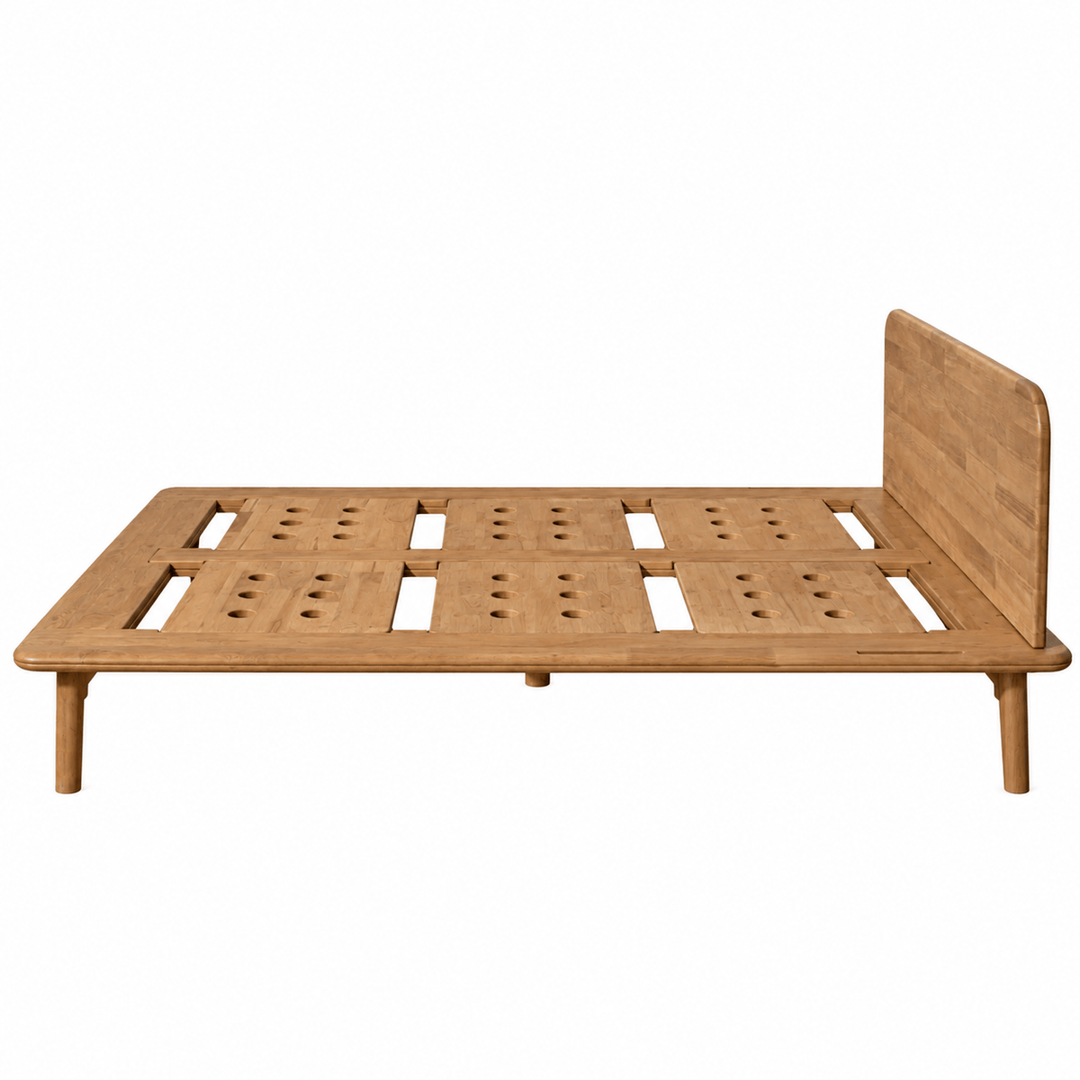 A minimalist Sonno Signature bed frame with a slatted platform base and a tall, rounded headboard, shown against a plain white background.