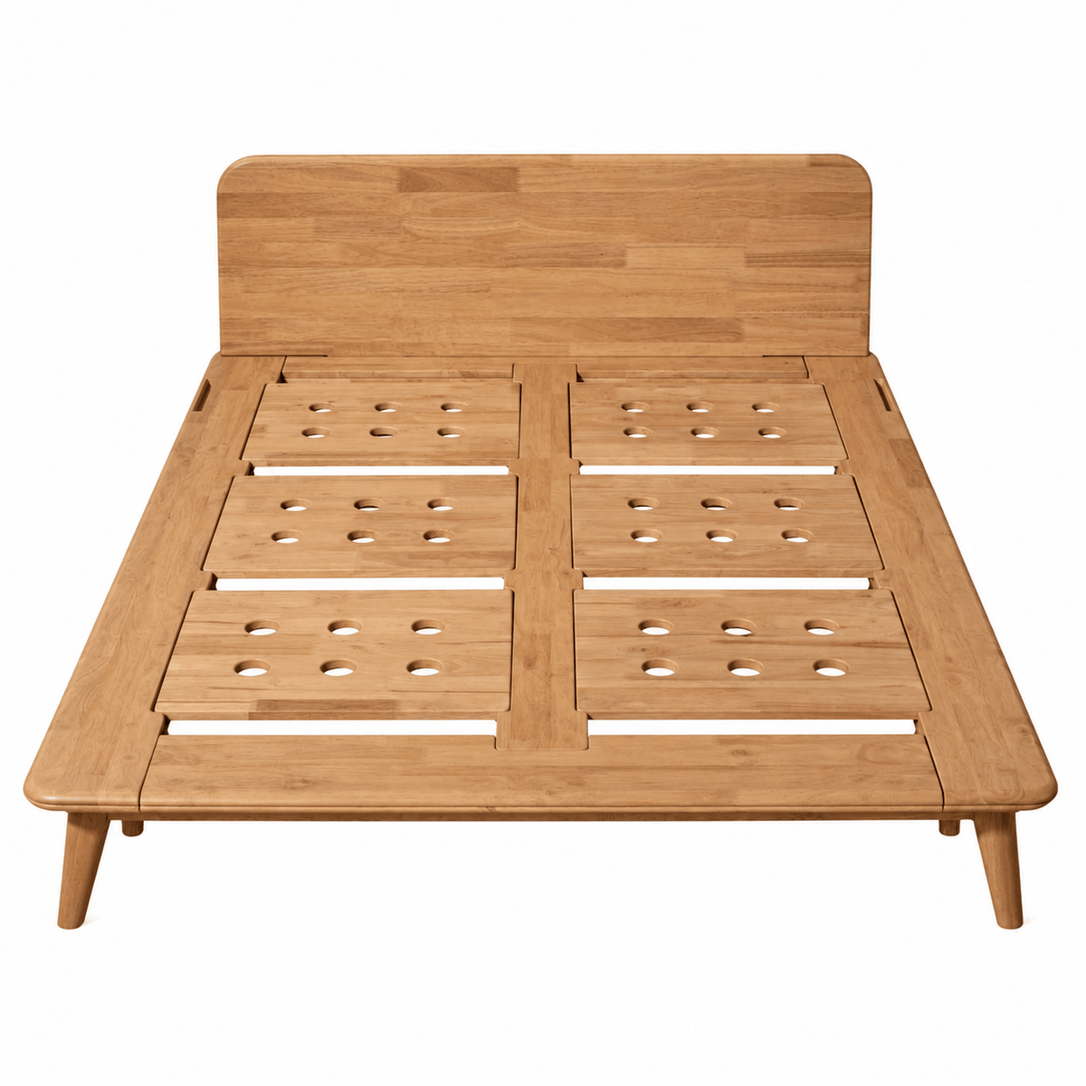 A light natural wood platform Sonno Signature bed frame with a slatted headboard and legs, shown from a top-down angle on a white background.