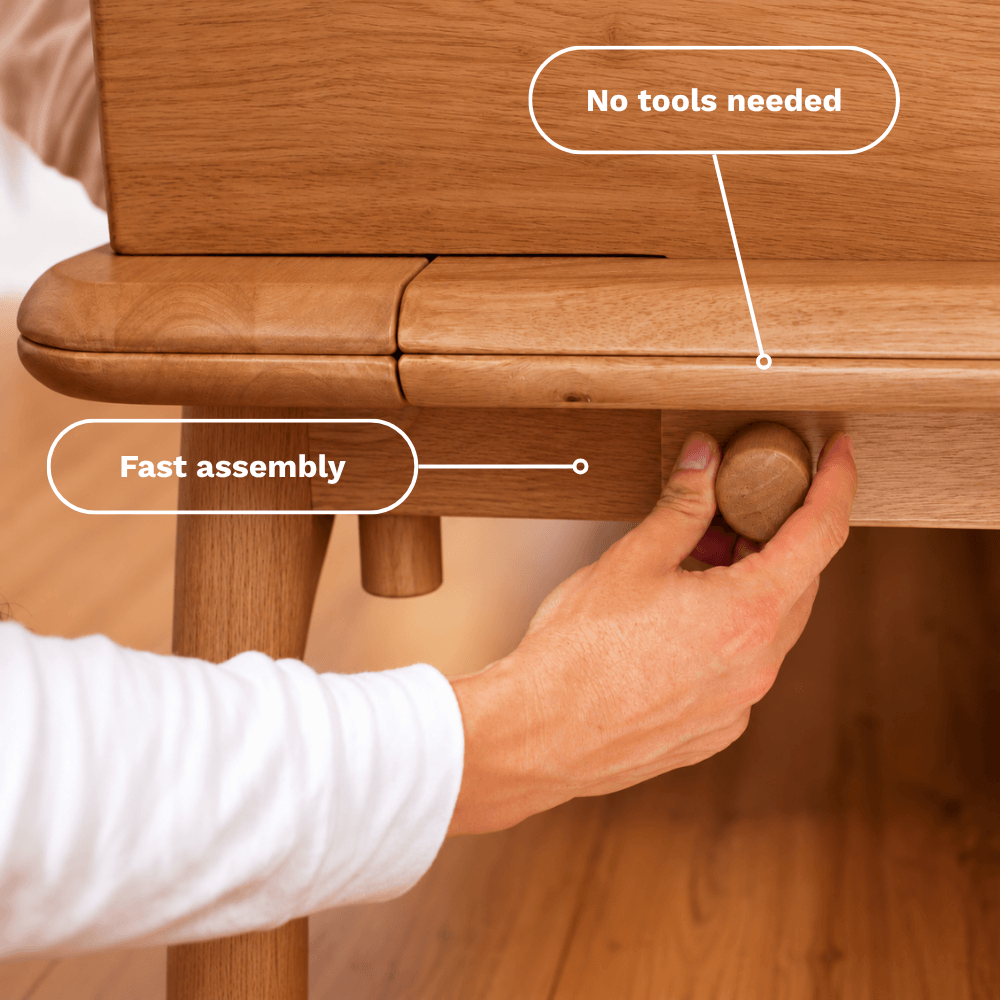 A close-up of a Sonno Signature wooden bed frame being assembled by a person's hand, with callout labels reading 'No tools needed' and 'Fast assembly'.