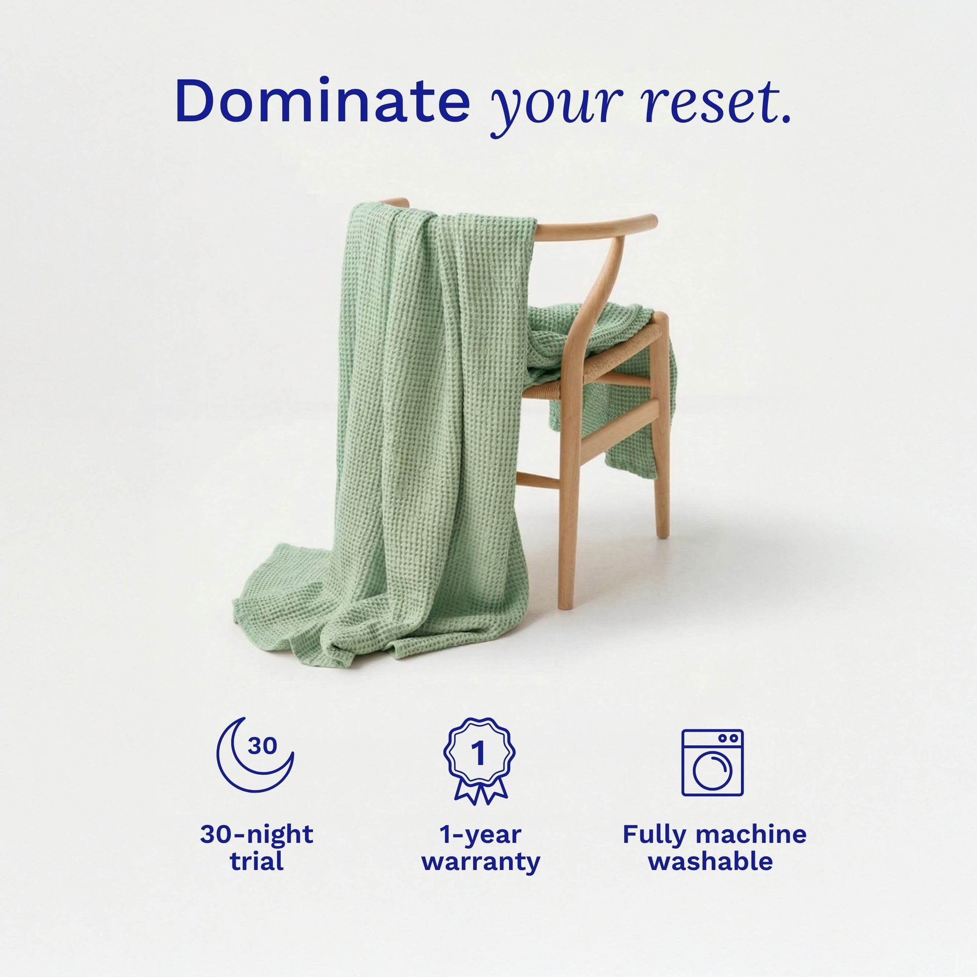 Green Sonno waffle blanket draped over a wooden chair with product features displayed on a white background
