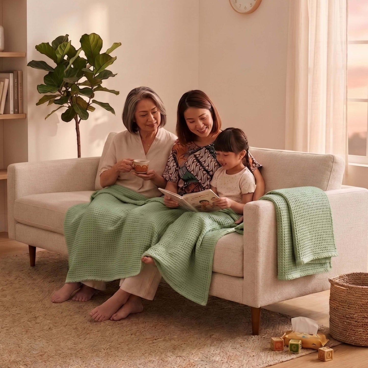 Three people sitting on a couch with a green Sonno waffle blanket, reading a book together in a cozy living room.