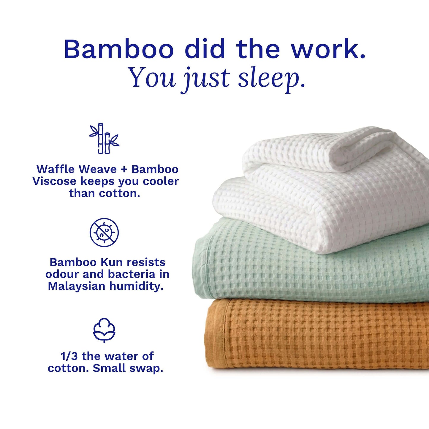 Stack of waffle weave bamboo waffle blankets with text highlighting benefits on a white background
