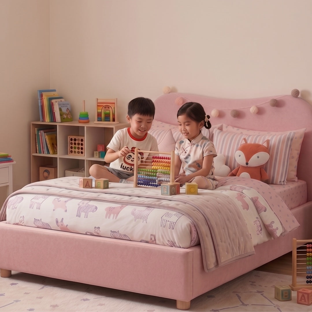 Two children playing with an abacus on a pink Sunset Bed Frame in a child-friendly room.