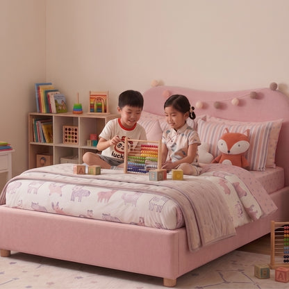 Two children playing with an abacus on a pink Sunset Bed Frame in a child-friendly room.