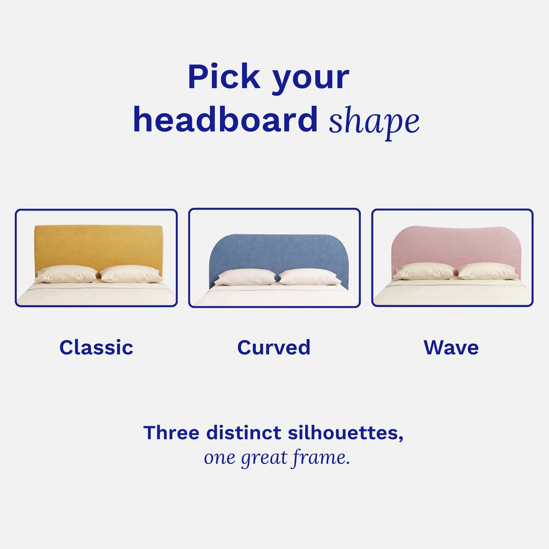 Three headboard shapes labeled 'Classic', 'Curved', and 'Wave' on a white background.