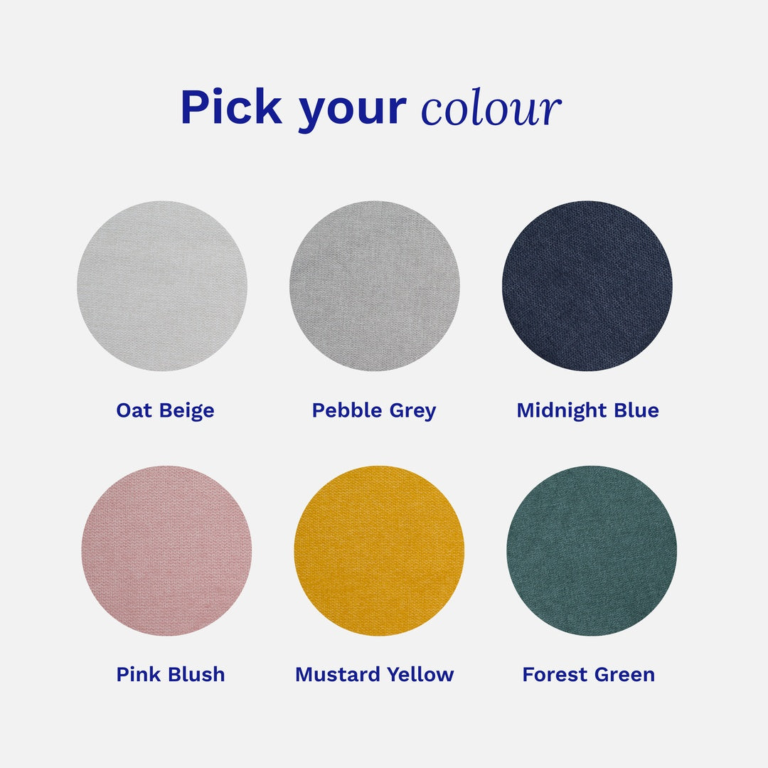 Color swatches with labels for 'Oat Beige', 'Pebble Grey', 'Midnight Blue', 'Pink Blush', 'Mustard Yellow', and 'Forest Green' on a white background.