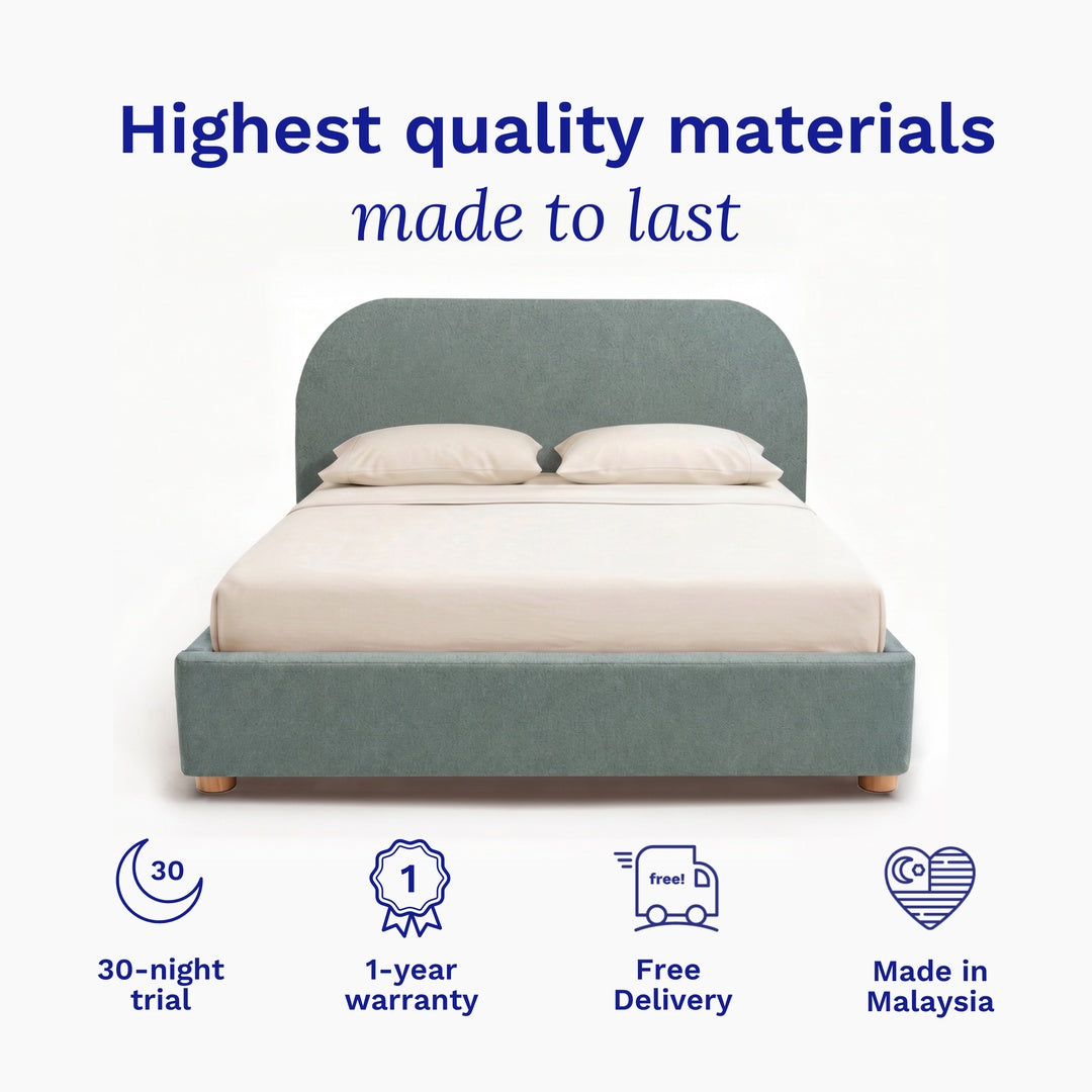 Bed with green frame and white bedding on a light blue background, featuring text about quality materials and product features.