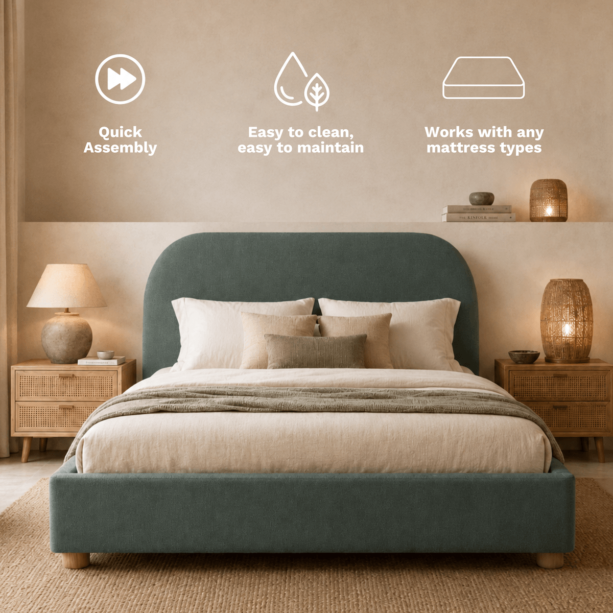 Green upholstered Sunset Bed Frame in a bedroom setting with nightstands and lamps.