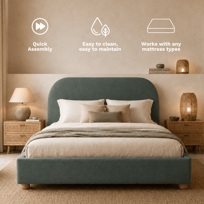 Green upholstered Sunset Bed Frame in a bedroom setting with nightstands and lamps.