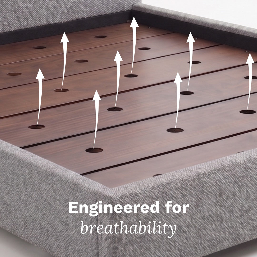 Wooden slat bed frame with text 'Engineered for breathability' on a gray background