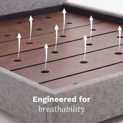 Wooden slat bed frame with text 'Engineered for breathability' on a gray background