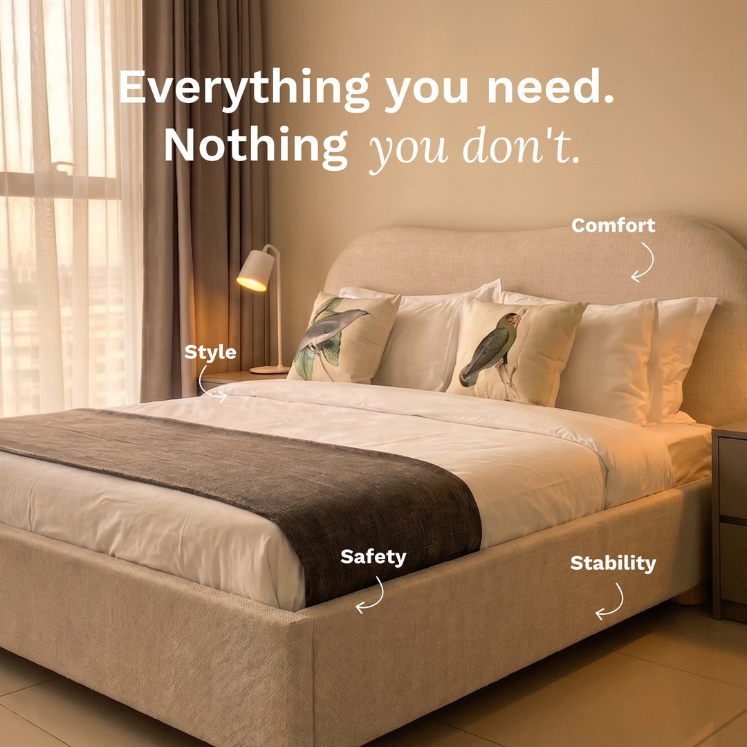 Beige bed with decorative pillows in a bedroom setting, featuring text about comfort, style, safety, and stability.