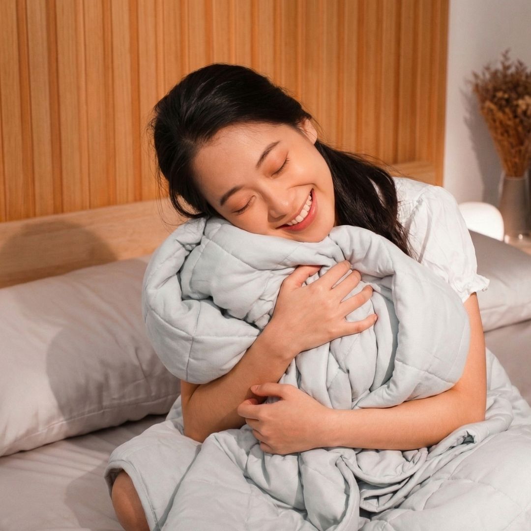 Woman wrapped in a light grey weighted blanket in a cozy bedroom setting